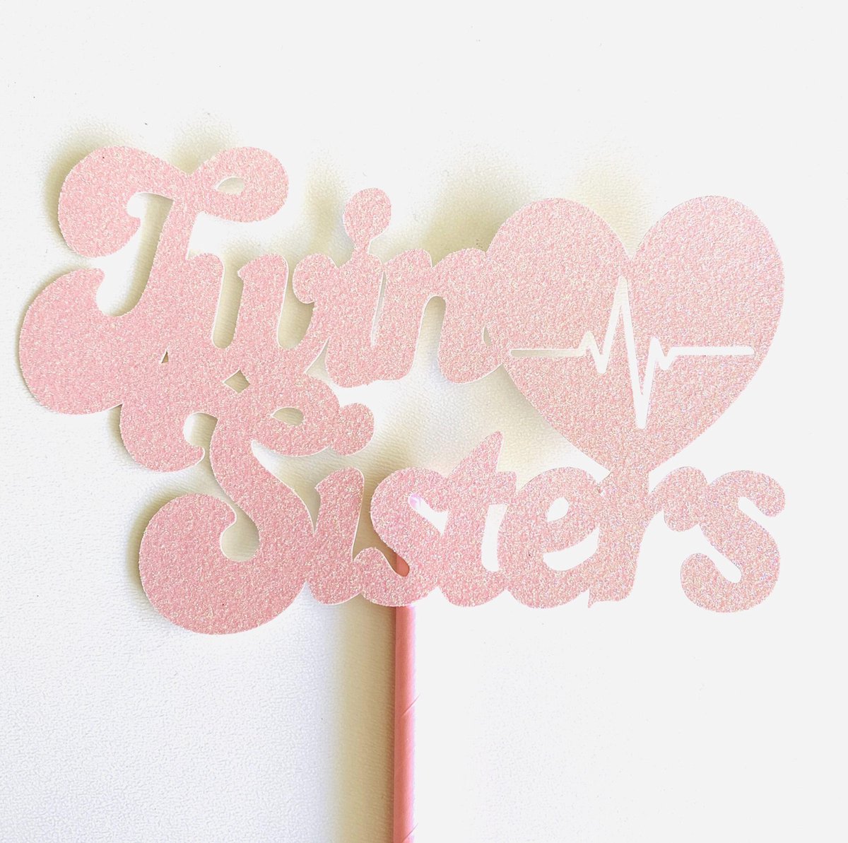 Taarttopper| Cake topper| Baby | Twin Sisters| Roze glitter|14 cm| karton